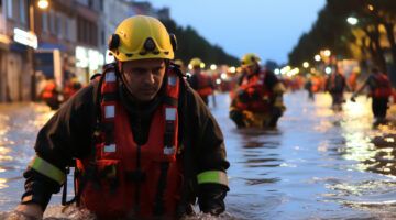 Firefighter To The Rescue In A City Flooded By Torrential Rain