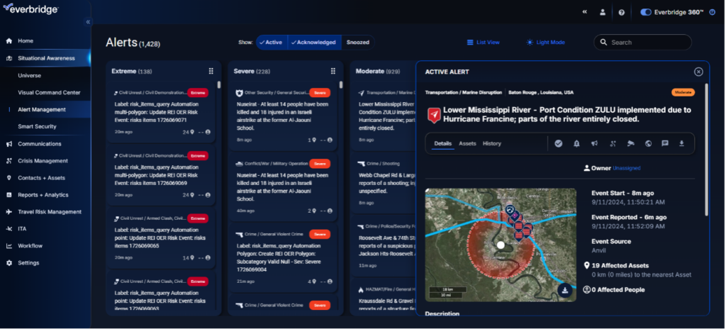 (The Everbridge Alert Management interface allows for the categorization of risks by severity and/or number of impacted assets in order to prioritize where to take action.  Source: Everbridge)