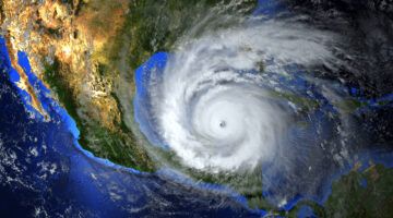 Hurricane Approaching The American Continent Visible Above The Earth, A View From The Satellite.