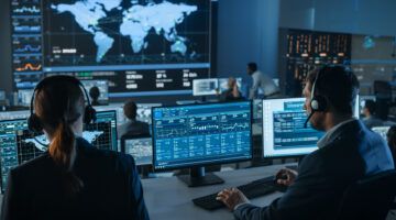 Shot Of Officers In A Surveillance Control Center With Police Global Map Tracking On A Big Digital Screen. Monitoring Room Employees Sit In Front Of Computer Displays And Analyze Big Data.